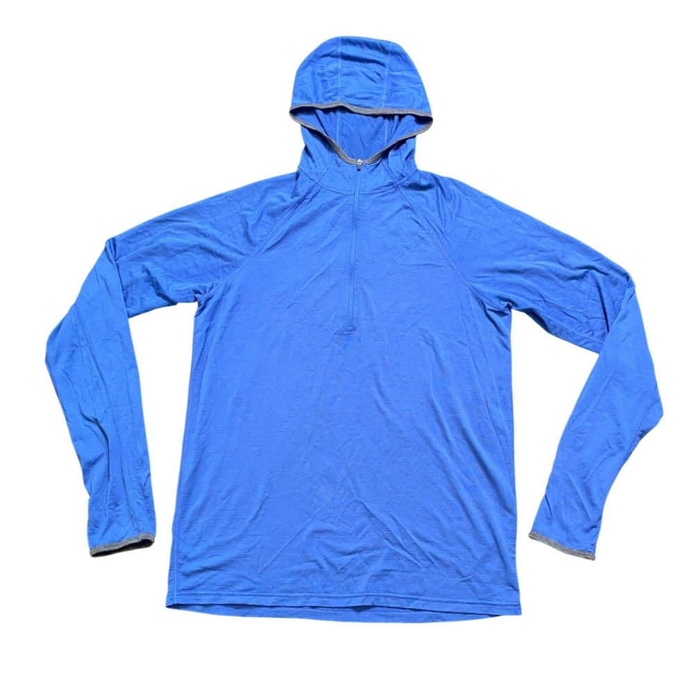 Ibex Merino Wool 1/4 Zip Hoodie Blue Mens Large Long Sleeve Pullover Base Gorp
